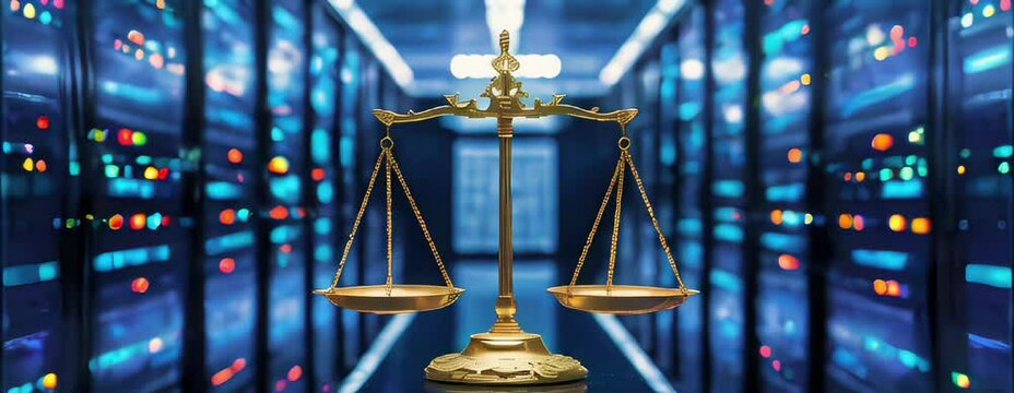 Scales of justice placed in a modern data center, symbolizing the balance between law, technology, and digital ethics.