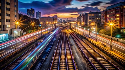 Fototapeta premium Cityscape with train tracks and colorful light trails at sunset