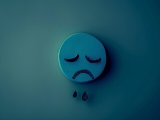 A blue sad face emoji with two tears falling down on a blue background.