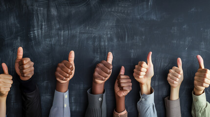 Fototapeta premium Diverse Group Giving Thumbs Up Against Chalkboard Background