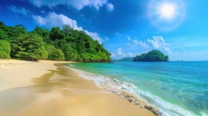 Picturesque tropical beach with fine sand and a lush, verdant island in the background, under a bright blue sky