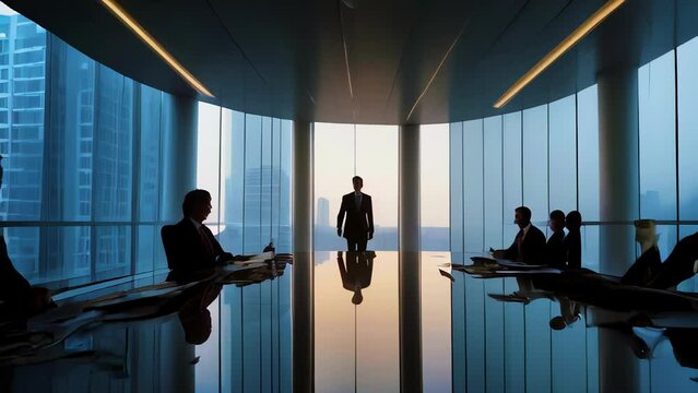 Business professionals in a boardroom with a city view, engaged in a meeting, highlighting corporate leadership, strategy, and collaboration.