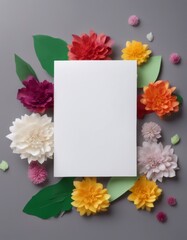 multicolored background green top paper card view blank flowers leaves grey white