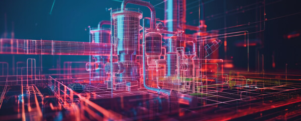 Fototapeta premium Digital wireframe model of an industrial plant with red and blue lighting