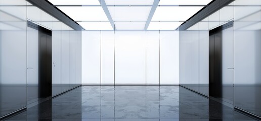 Minimalist elevator with glass walls and a glossy black floor, empty space background