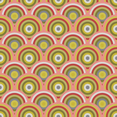 Seamless Japanese wave pattern in orange and green circles folded into scales for modern fabrics, wrapping paper decorative pillows. 