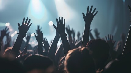 A crowd of people are raised hands in the air