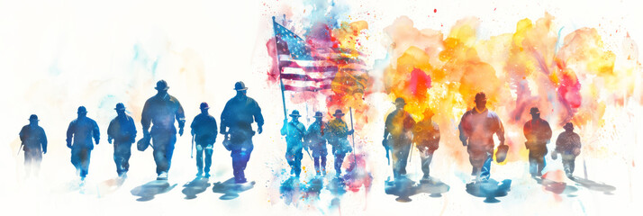 Fototapeta premium Watercolor illustration American Labor Day celebration group of workmen, colorful on USA flag background, with activity on Labor Day happy