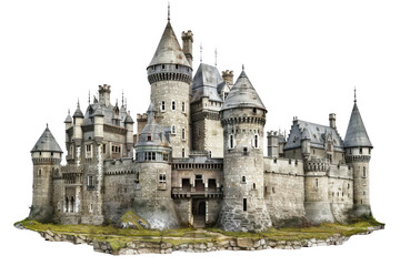 Obraz premium Fairytale castle with turrets and towers Surrounded by a moat Isolated on white background.