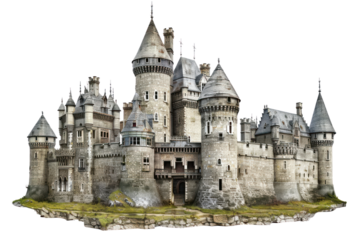 Fairytale castle with turrets and towers Surrounded by a moat Isolated on white background.