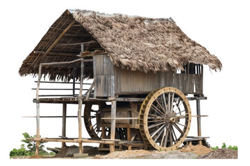 Fototapeta premium Photo of a traditional sugarcane mill Simple wooden structure Isolated on white background.