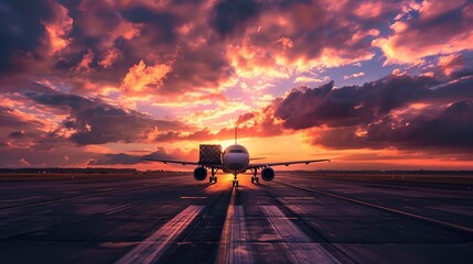 Silhouette of an airplane on the runway, cargo being loaded, dramatic sunset sky