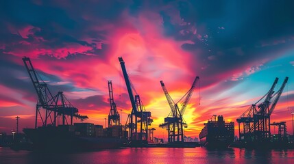 Fototapeta premium Silhouette of cranes and cargo ships at a port, sunset creating vibrant colors