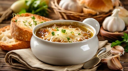 Close-up of a savory French onion soup, served in a traditional bowl with a side of crusty bread, placed on a wooden table in a cozy restaurant, surrounded by rustic decor, copy space for text, focus