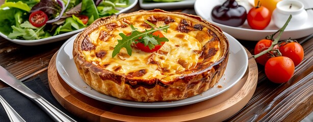 Close-up of a beautifully prepared French quiche Lorraine, served with a side of fresh salad, on a wooden table in a cozy restaurant, surrounded by charming decor and soft lighting, copy space for
