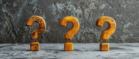 Three wooden question marks are stacked on top of each other
