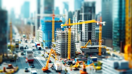 Construction of a luxury hotel in a city center, workers and cranes, urban environment with busy streets