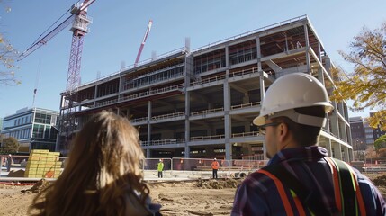 Construction site on a university campus, students and professors observing, new library being built, academic environment