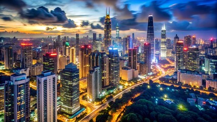 Naklejka premium Shanghai cityscape illuminated by the vibrant colors of dusk