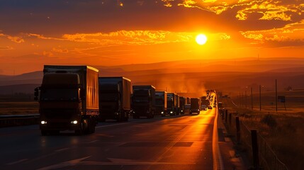 Silhouette of a convoy of trucks on a highway, sunset casting a golden hue