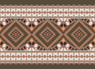 Pixel Ikat seamless ogee vector pattern. Aztec tribal abstract modern textile print. Damask style background with stripes and chevron. Ethnic watercolor fabric. Boho