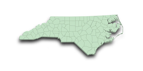 3d Map of North Carolina state with counties and color. United State of America, US, United State