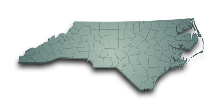 3d Map of North Carolina state with counties and color. United State of America, US, United State