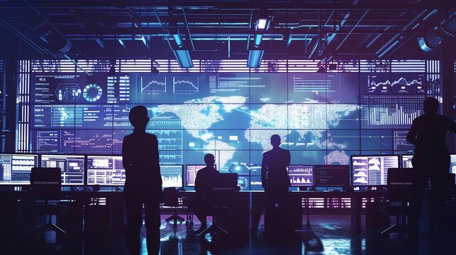 Silhouette of a logistics team analyzing data on large screens, high-tech office environment - Powered by Adobe