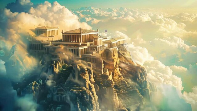 Mount Olympus, the magnificent house of the Greek gods, surrounded by clouds