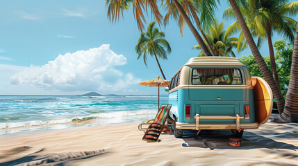 Historic blue campervan stands on beach. Various accessories for camping and swimming are set up around bus. Beautiful tropical sandy beach with South Seas atmosphere
