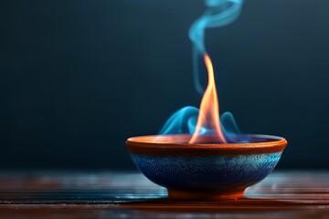 A ceramic bowl with a burning flame and wisps of smoke, set against a dimly lit background for a calm and serene atmosphere.