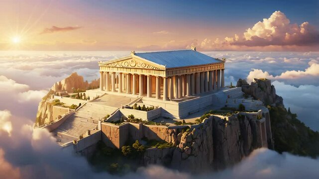 Mount Olympus, the magnificent house of the Greek gods, surrounded by clouds