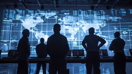 Silhouette of a logistics team in a control room, large screens showing data, modern office lighting