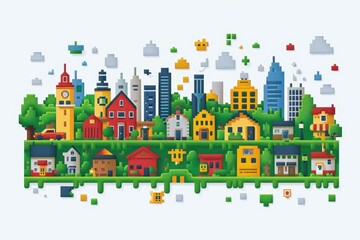 Fototapeta premium Colorful pixel art cityscape featuring various buildings, trees, and whimsical elements under a cloudy sky, showcasing urban creativity.
