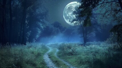 Fototapeta premium Enchanting Moonlit Forest Pathway Under Starry Night Sky