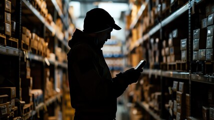 Silhouette of a logistics worker scanning barcodes, rows of shelves in the background, dim lighting