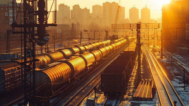 Silhouette of a train station with freight cars being loaded, cityscape in the background, golden hour