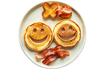 Breakfast dishes suitable for children With 2 smiley face pancakes, crispy bacon and fun shaped toast. Isolated on white background.
