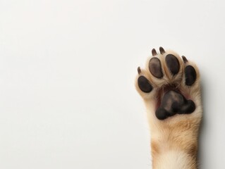 A dog's paw with black pads and sharp claws, isolated on white background. Paw print with copy space.