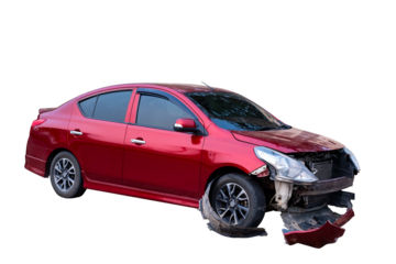 Car crash, Full body front and side view of red car get damaged by accident on the road. damaged cars after collision. Isolated on transparent background, car crash broken, PNG File