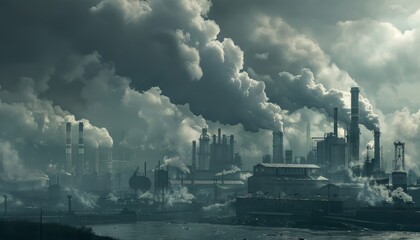 A dramatic, dystopian view of an industrial complex shrouded in smoke and pollution.