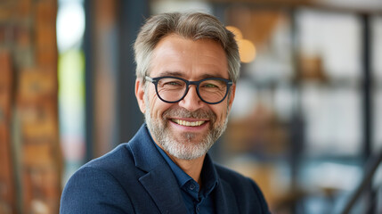 Fototapeta premium Happy man with spectacles and facial hair in blue coat