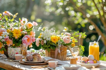 A festive Easter brunch table setting with colorful flowers, breakfast food, and  eggs.