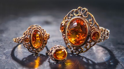 Yellow earrings and ring with light red amber