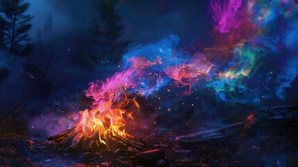 A colorful fire with smoke and sparks shooting out of it