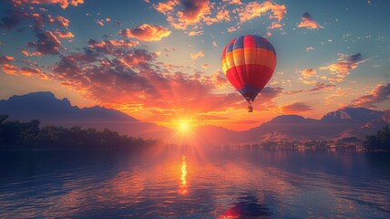 A vibrant hot air balloon flying over a serene lake at sunrise, with colorful skies and tranquil waters creating a breathtaking scene.