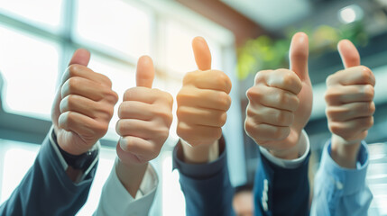 Group of diverse businesspeople giving thumbs up in an office setting