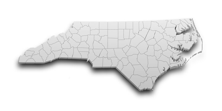 3d Map of North Carolina state with counties and color. United State of America, US, United State
