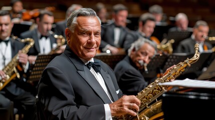 Senior saxophonist performing with symphony orchestra on stage