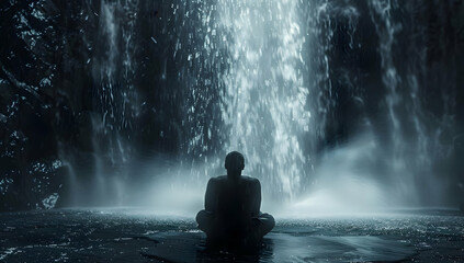 Obraz premium A person meditates in stillness in front of a majestic waterfall, embracing the serenity and power of nature in a tranquil setting.